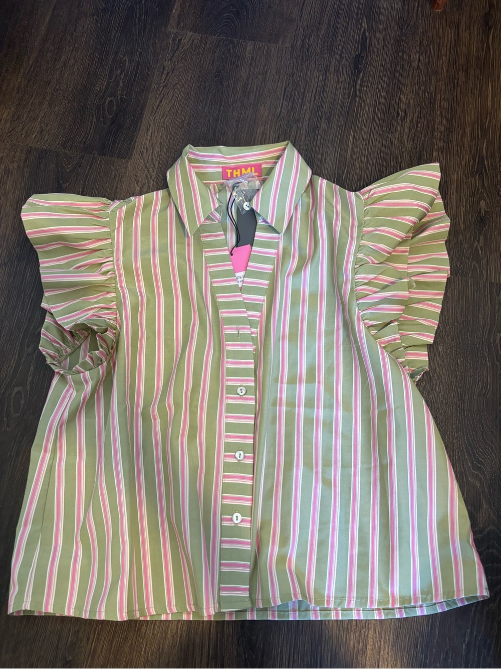 THML Women’s Pink and Green Striped Ruffle Sleeve Button-Up Top